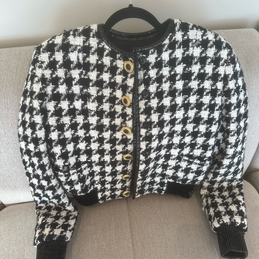 Balmain Black and White Houndstooth Blazer with Gold Buttons